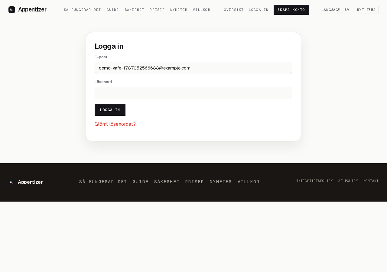Inloggningssidan i Appentizer