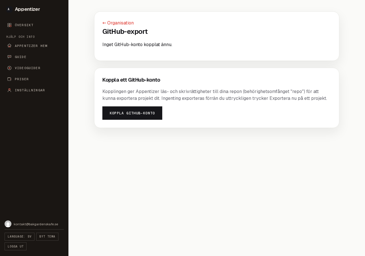 GitHub-export-sidan innan ett konto är kopplat
