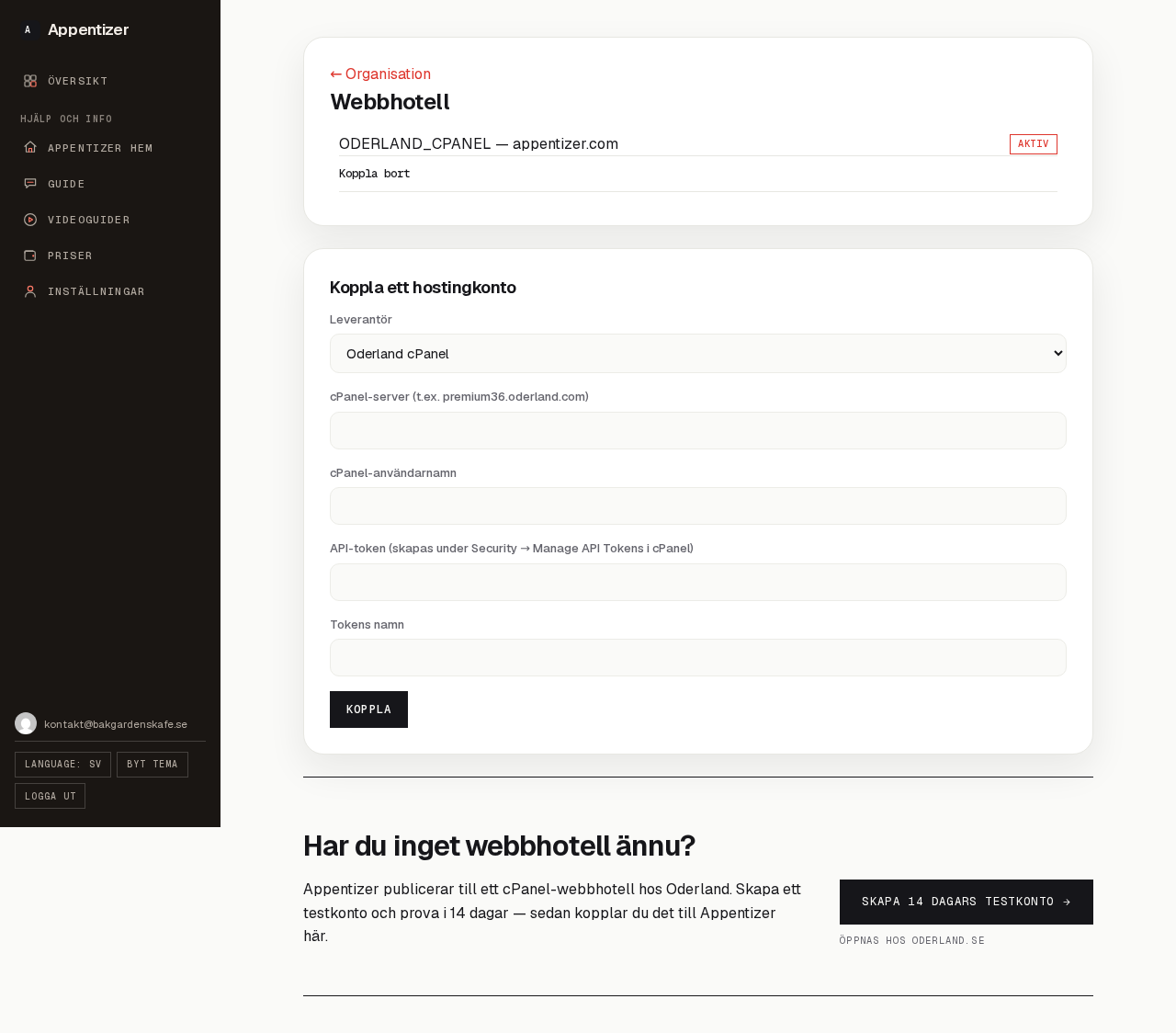 Sidan för att koppla ett cPanel-webbhotell hos Oderland