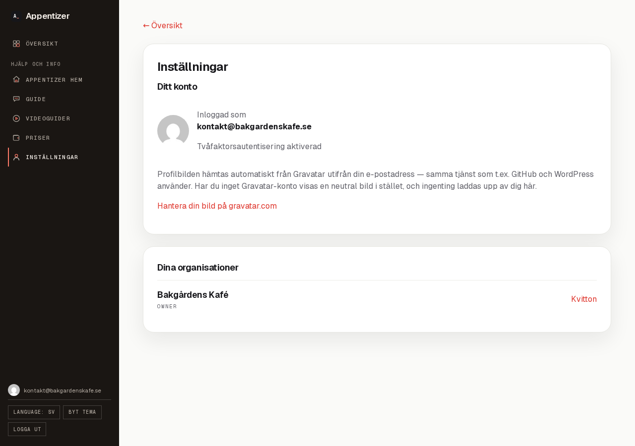 Inställningssidan med kontoidentitet, profilbild och organisationslista