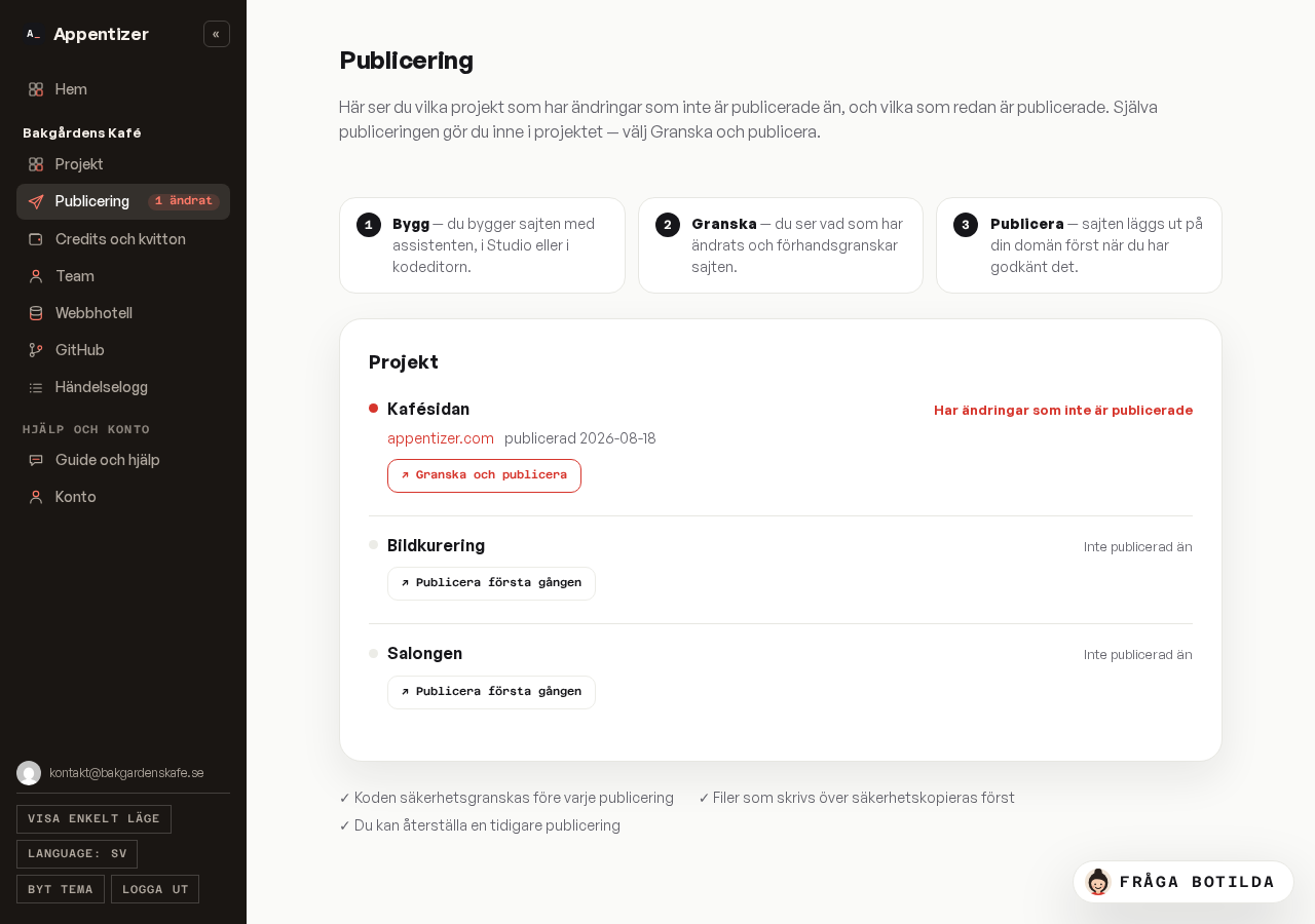 Arbetsytans publiceringssida med projekt sorterade efter vad som väntar